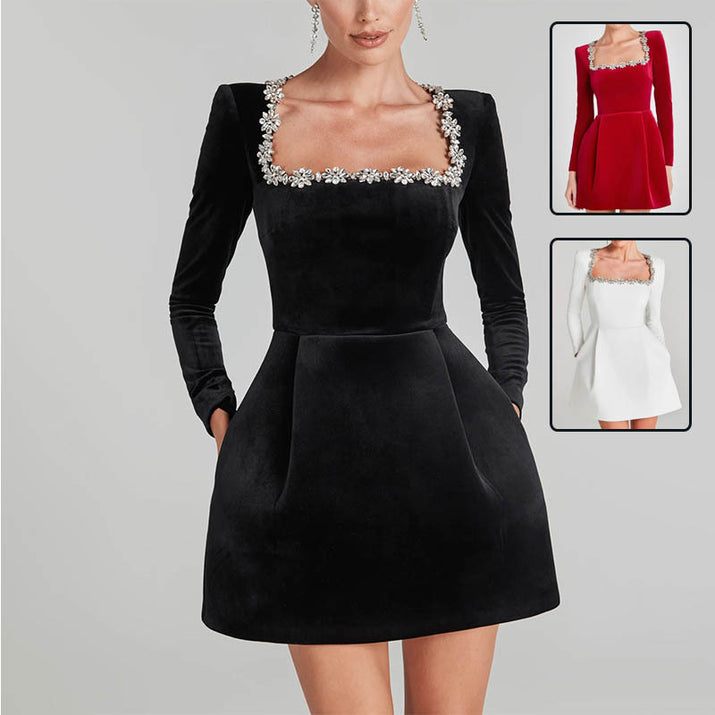 Elegant black velvet Christmas party dress with jeweled square neckline and long sleeves, displayed with red and white velvet dress options