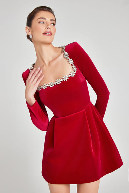 red velvet christmas dress with square neckline and jewel trim